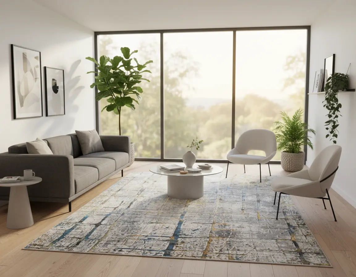 Tapete Moderno Neutro con Diseño Abstracto en Dorado y Azul Render