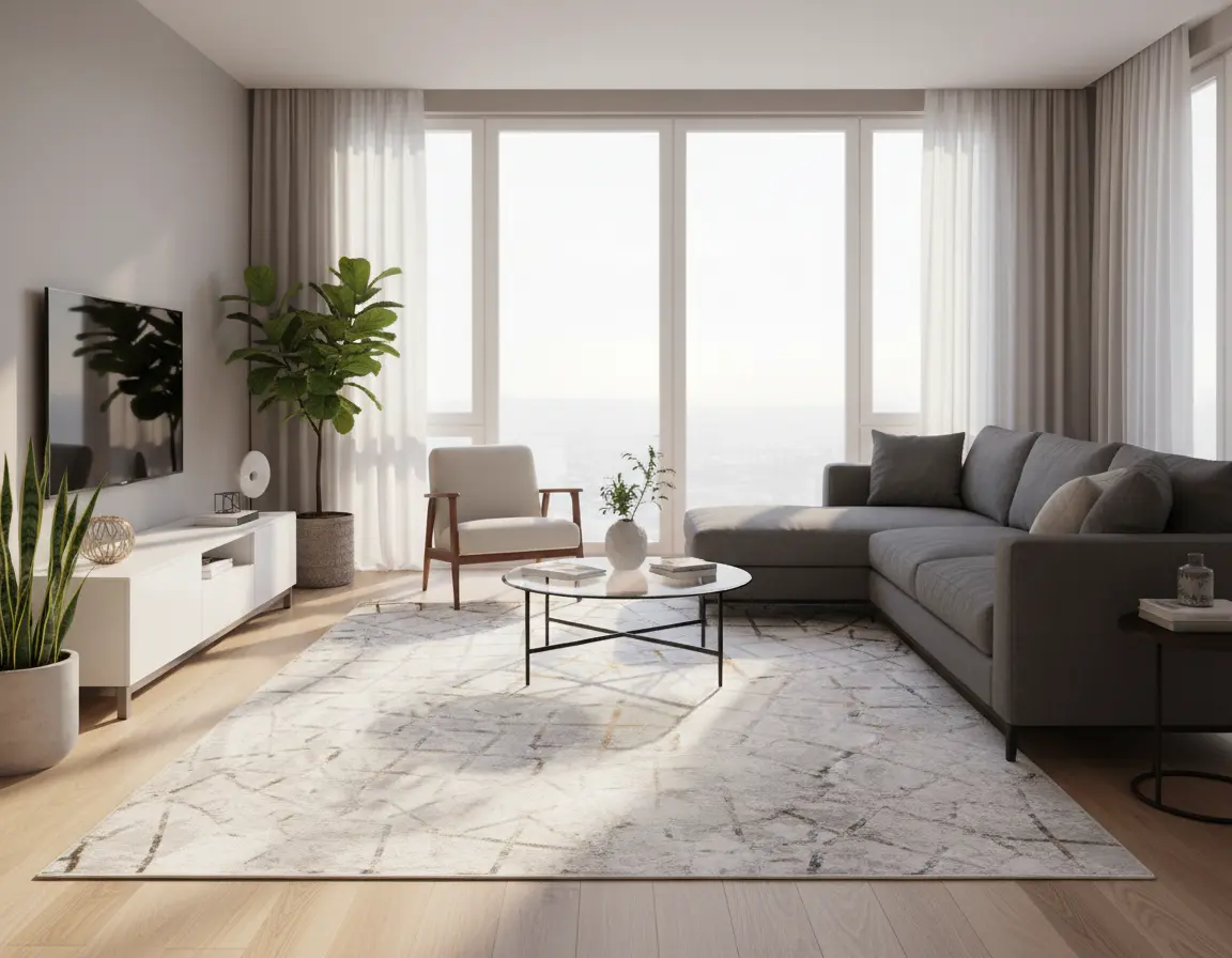 Tapete Moderno Neutro con Diseño Geométrico en Bronce y Gris Render