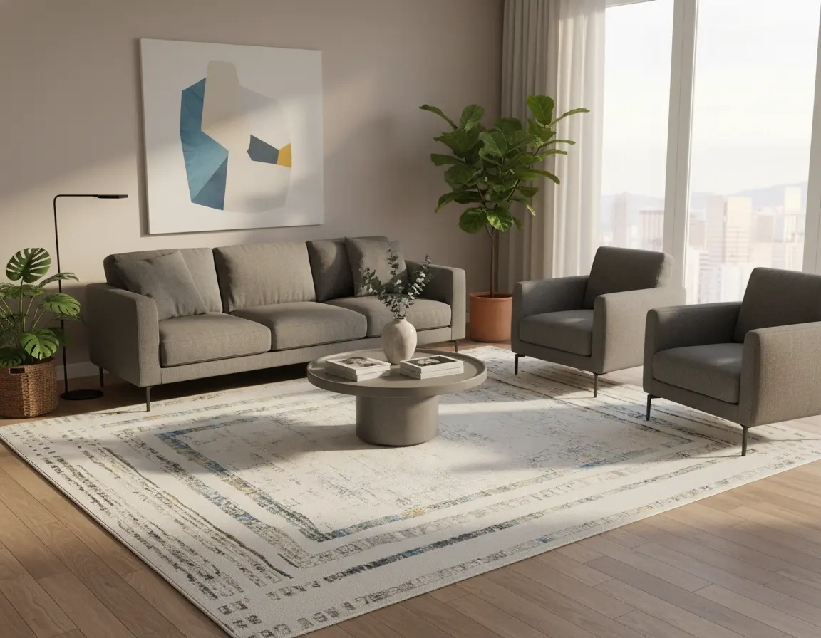 Tapete Moderno Neutro con Diseño de Bordes en Azul y Gris Render