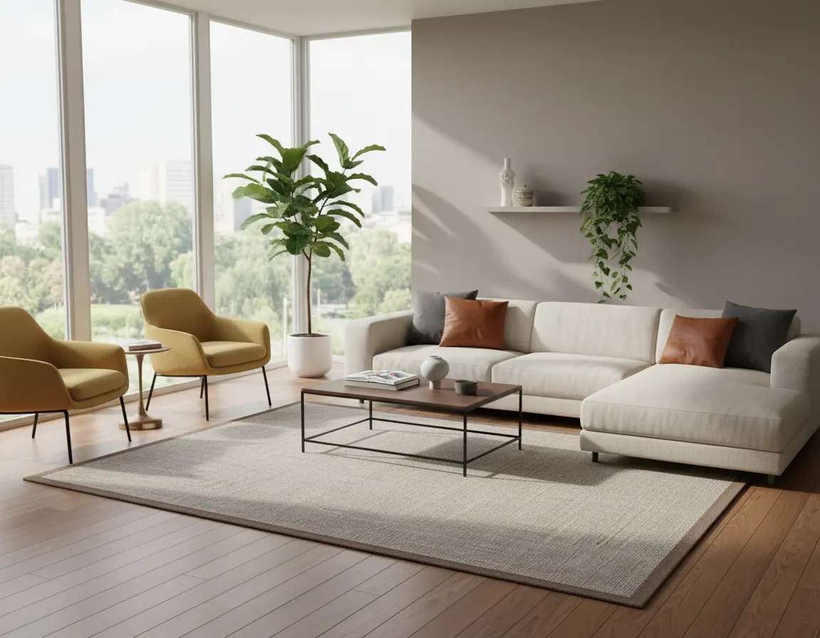 Tapete Texturizado Neutro con Borde en Café para un Ambiente Cálido Render