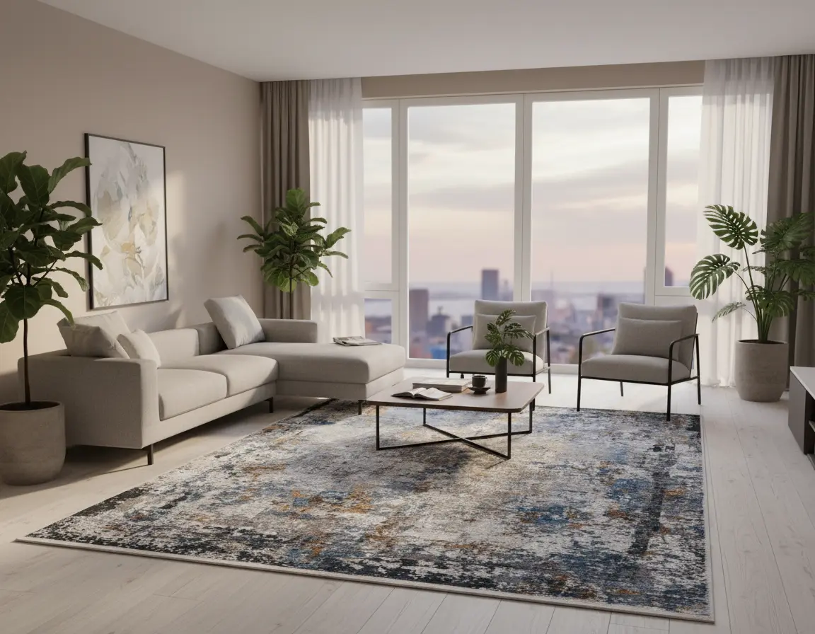 Tapete Moderno Gris con Diseño Abstracto en Azul y Café Render