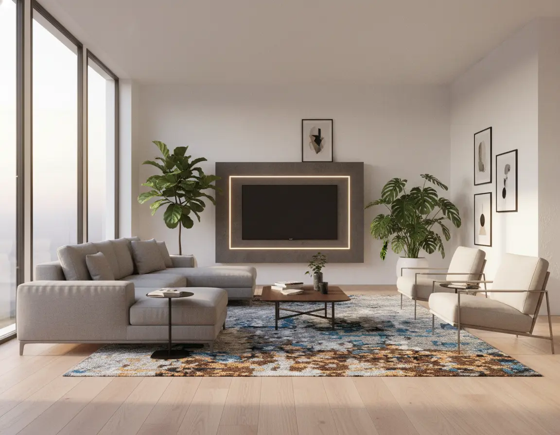 Tapete Moderno Gris con Diseño Abstracto en Azul y Cafe Render