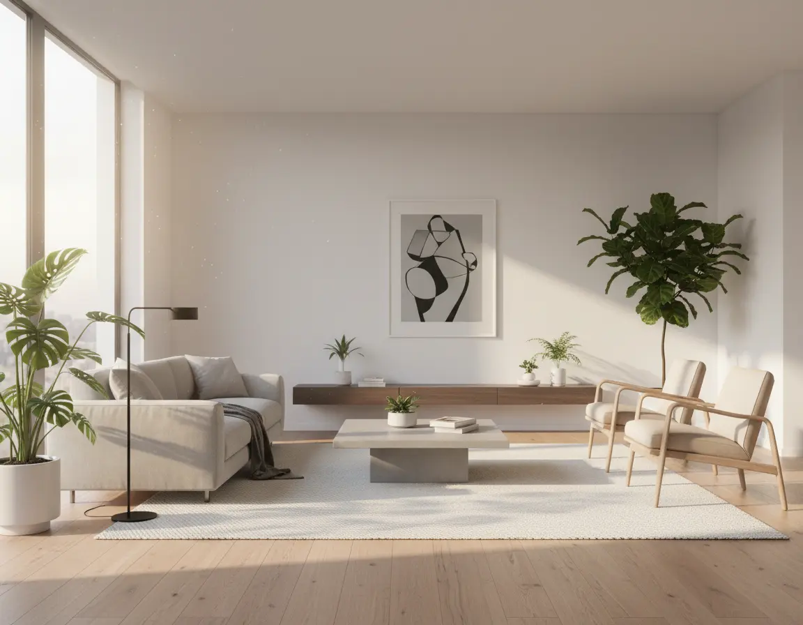 Tapete Texturizado Neutro con Tejido Chevron para un Ambiente Luminoso Render