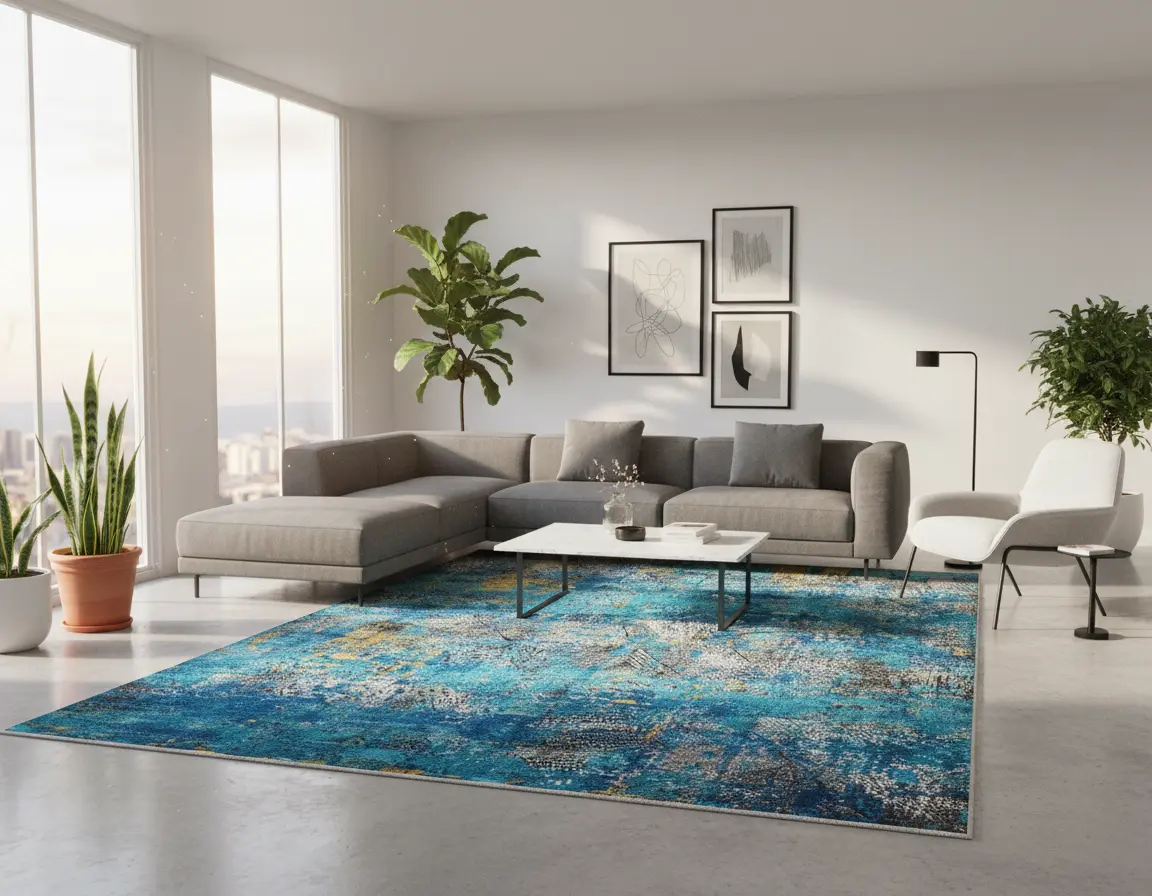 Tapete Moderno Azul con Diseño Abstracto y Toques Dorados Render