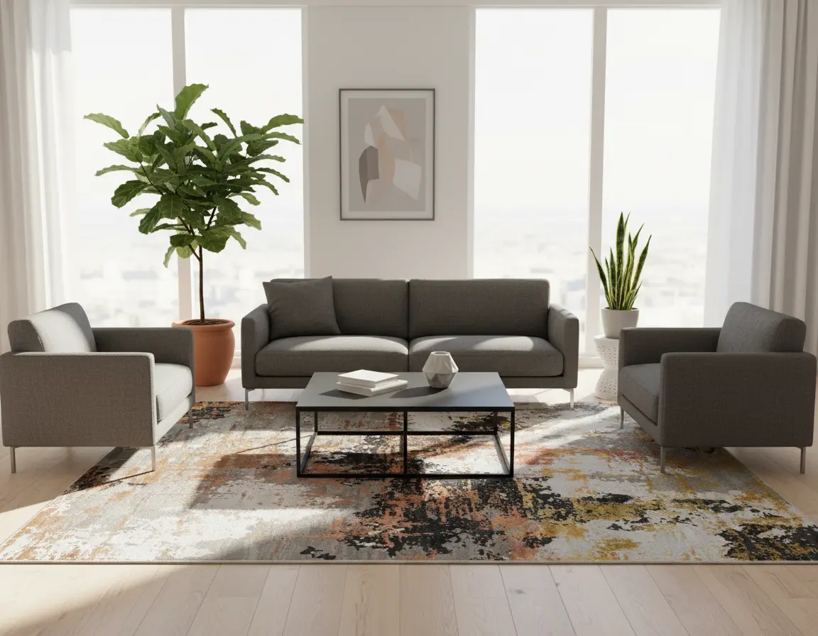 Tapete Moderno Gris con Diseño Abstracto en Dorado y Gris Oscuro Render