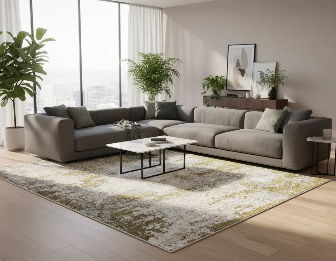 Tapete Moderno Neutro con Diseño Abstracto en Verde Oliva Render