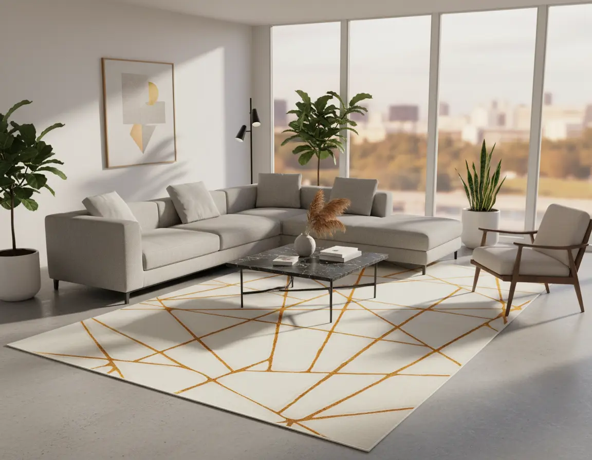 Tapete Moderno Neutro con Diseño Geométrico en Dorado Render