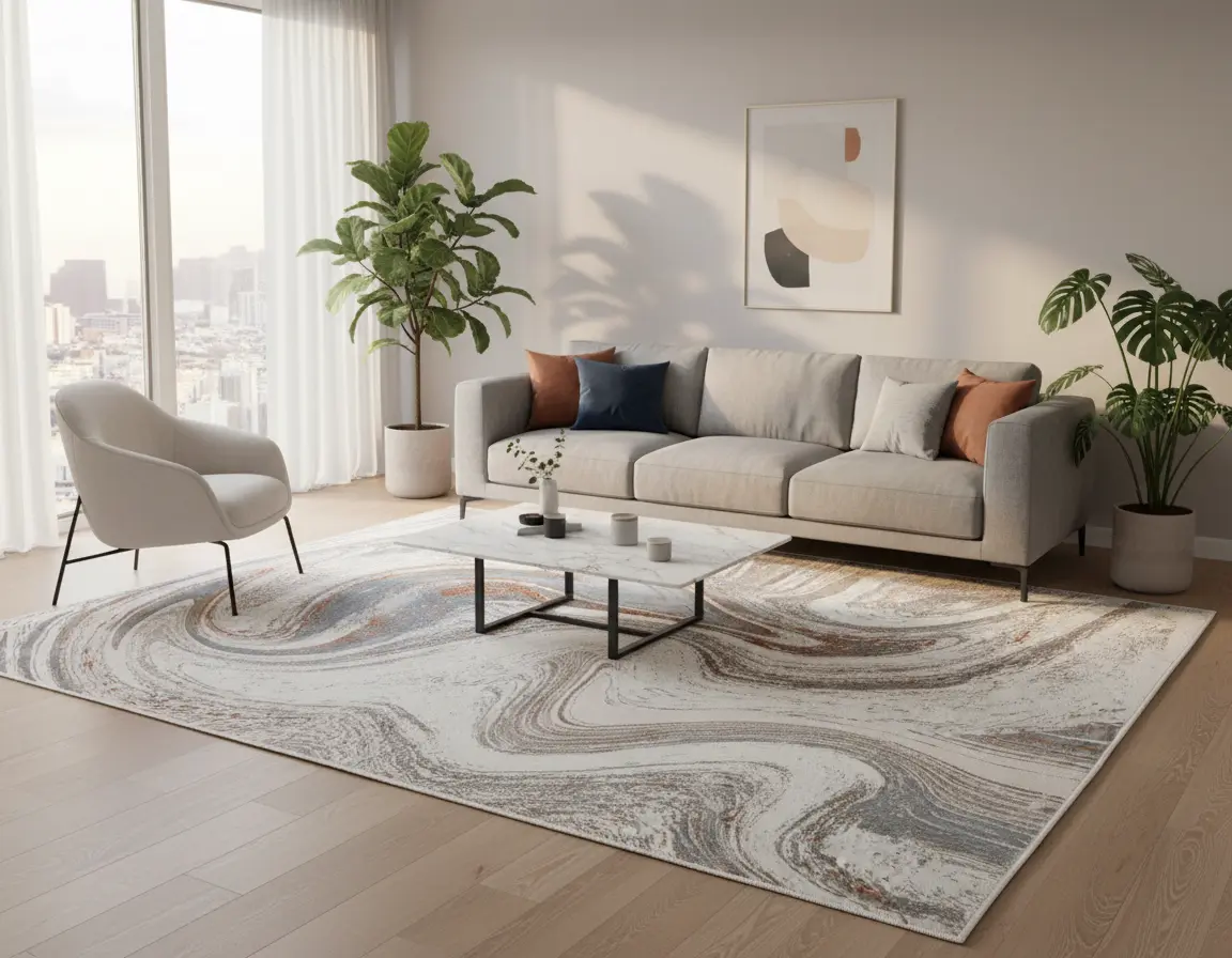 Tapete Moderno Neutro con Diseño de Vetas en Café y Gris Render