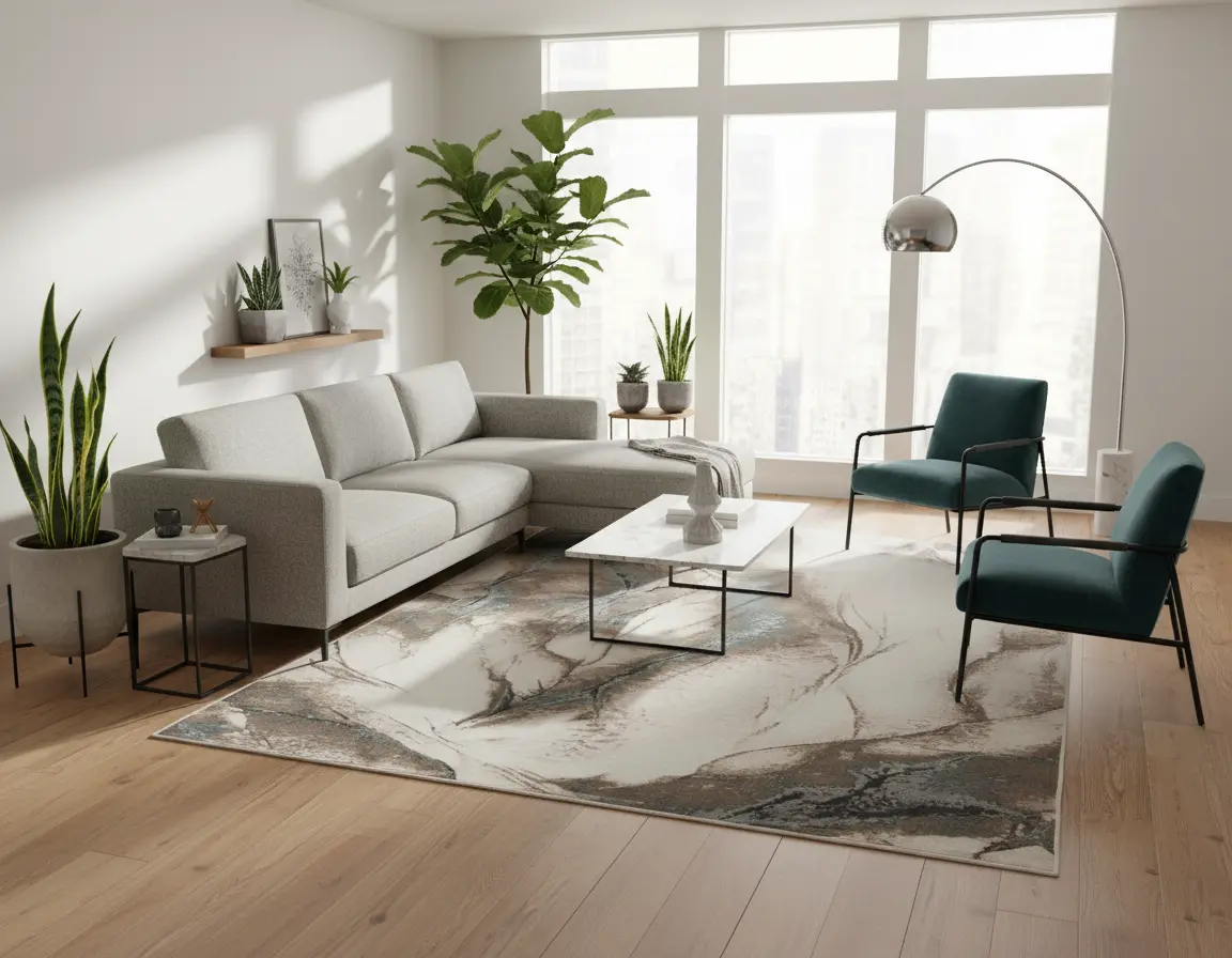 Tapete Abstracto Neutro con Vetas en Café y Azul Render