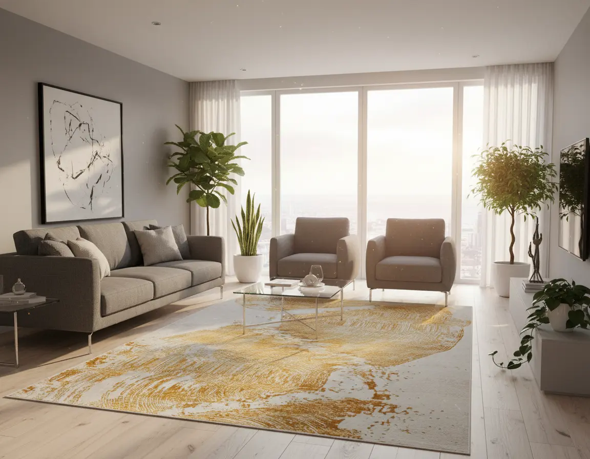 Tapete Moderno Neutro con Diseño Abstracto en Dorado Render