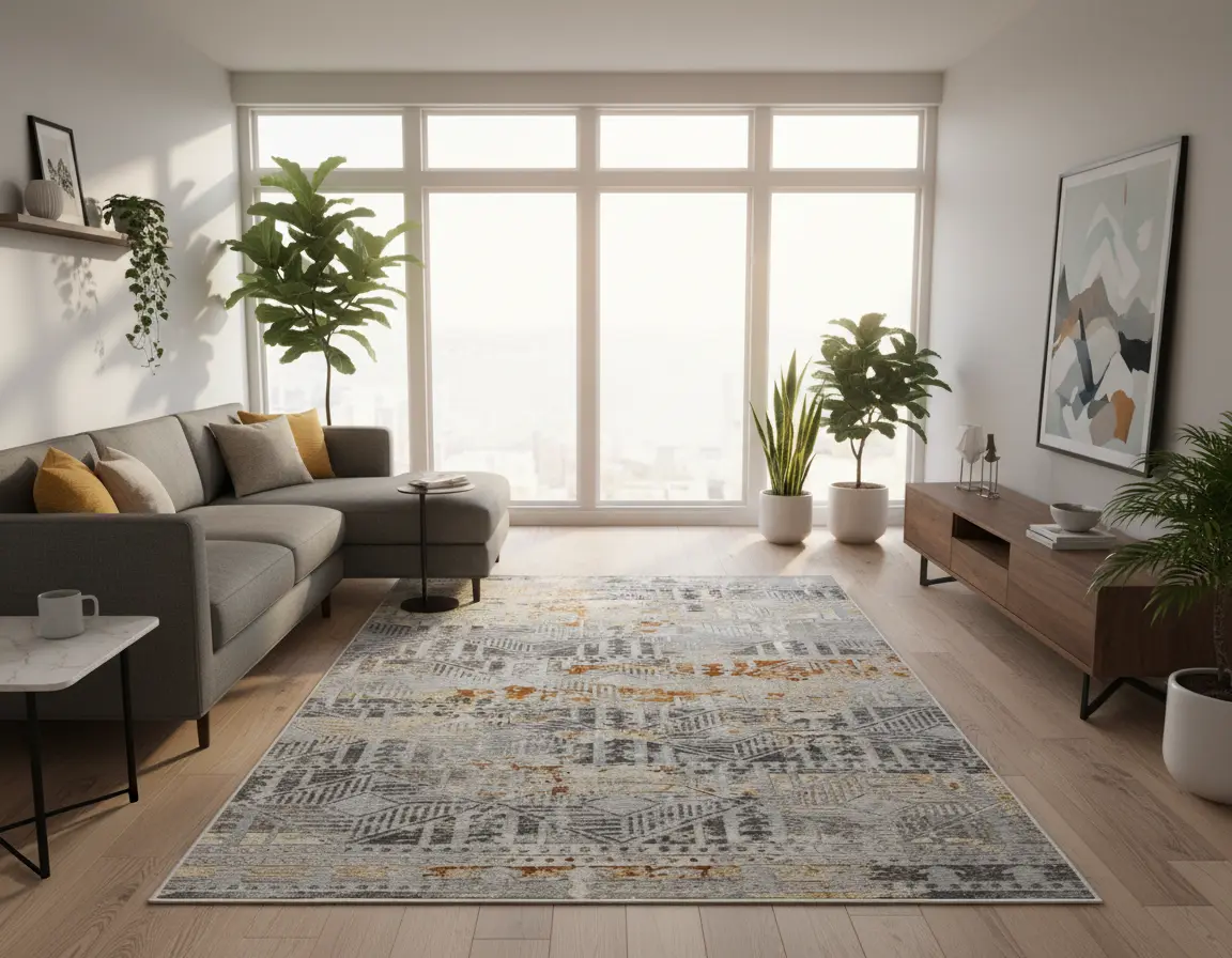 Tapete Moderno Gris con Diseño Geométrico en Gris Oscuro y detalles Bronce Render