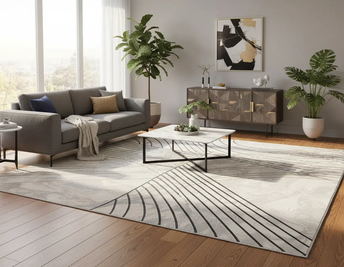 Tapete Moderno Neutro con Diseño de Líneas en Gris Oscuro y Dorado Render