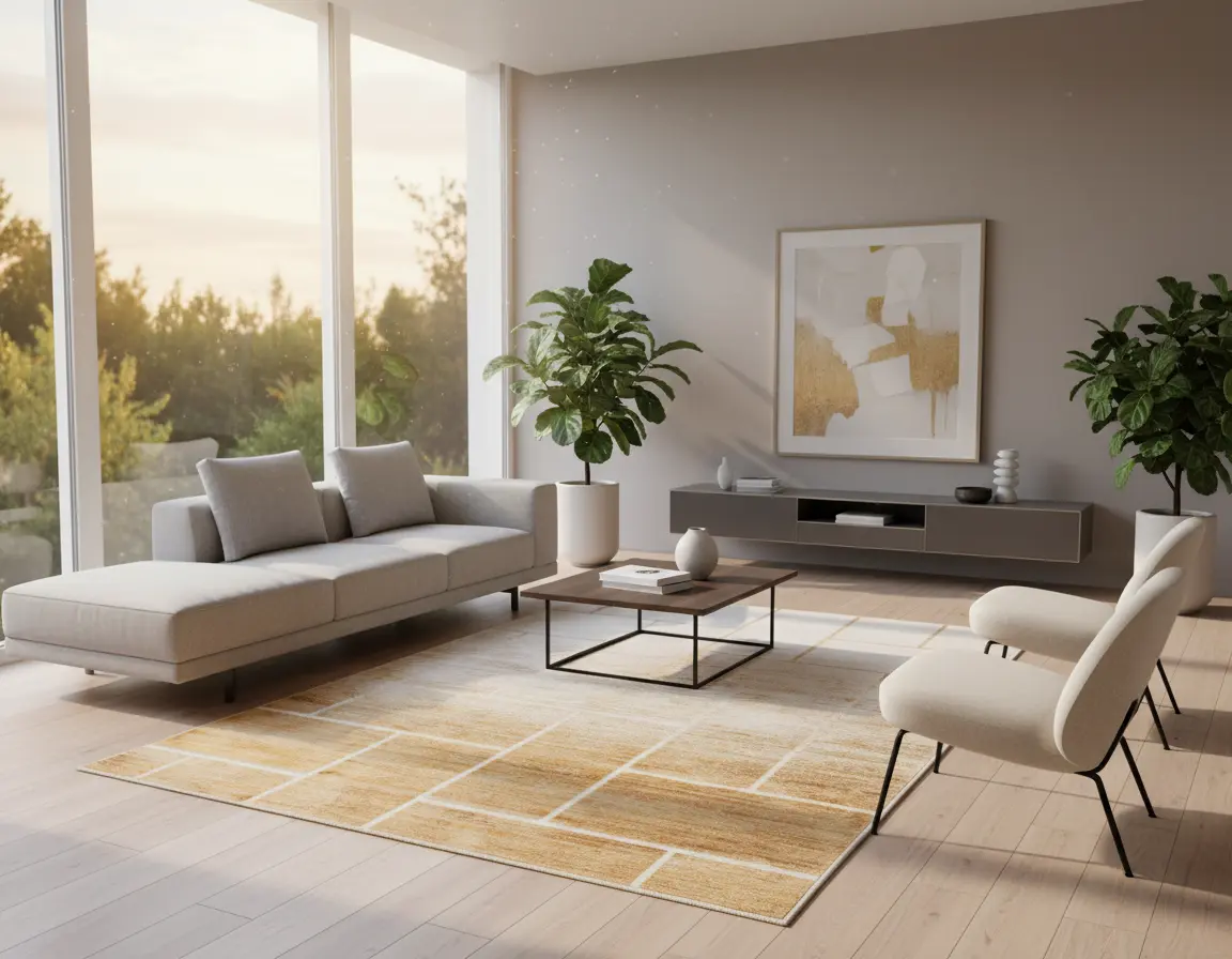 Tapete Moderno Neutro con Diseño Geométrico en Dorado Render