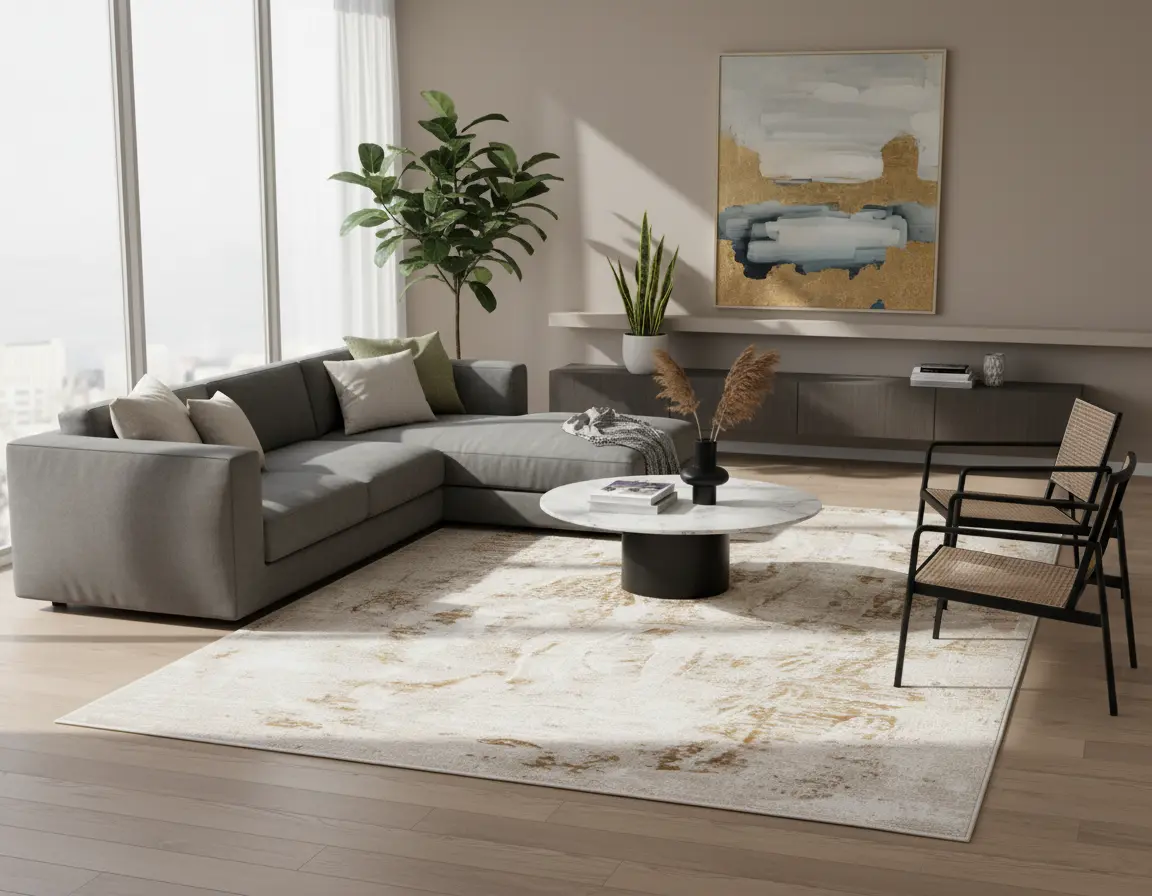 Tapete Moderno Neutro con Diseño Abstracto en Dorado Render