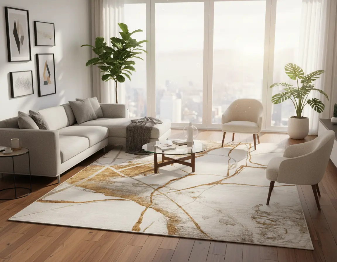 Tapete Moderno Neutro con Diseño Abstracto en Dorado Render