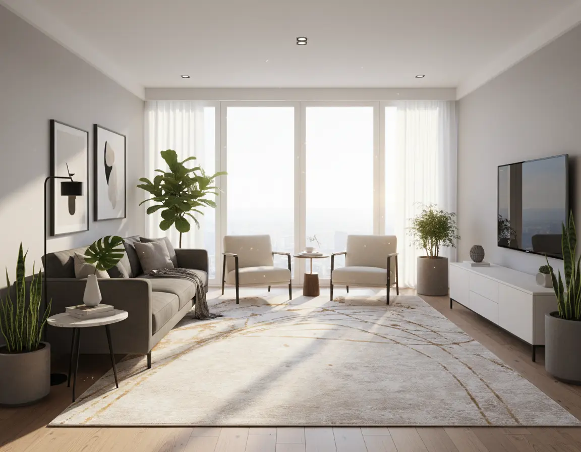 Tapete Moderno Neutro con Diseño Abstracto en Dorado Colección Fiora Render