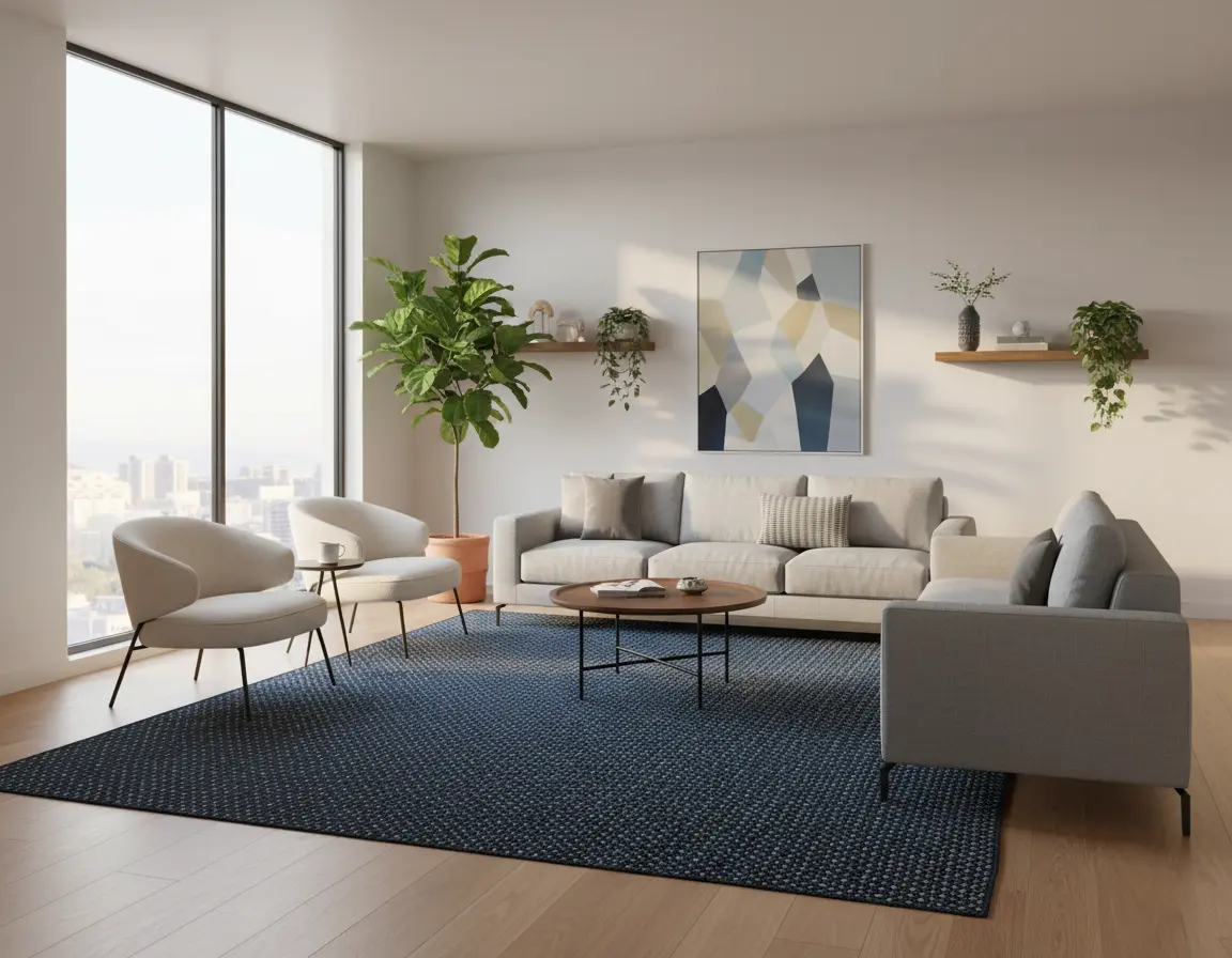 Tapete Moderno Azul con Diseño Texturizado Tipo Tejido para Sala Render