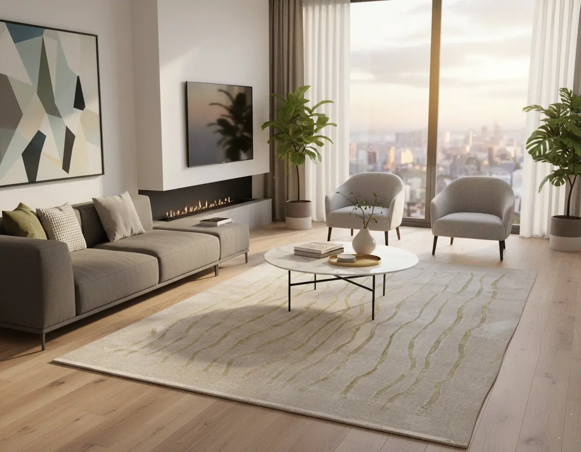 Tapete Moderno Neutro con Diseño de Líneas Onduladas en Dorado Render