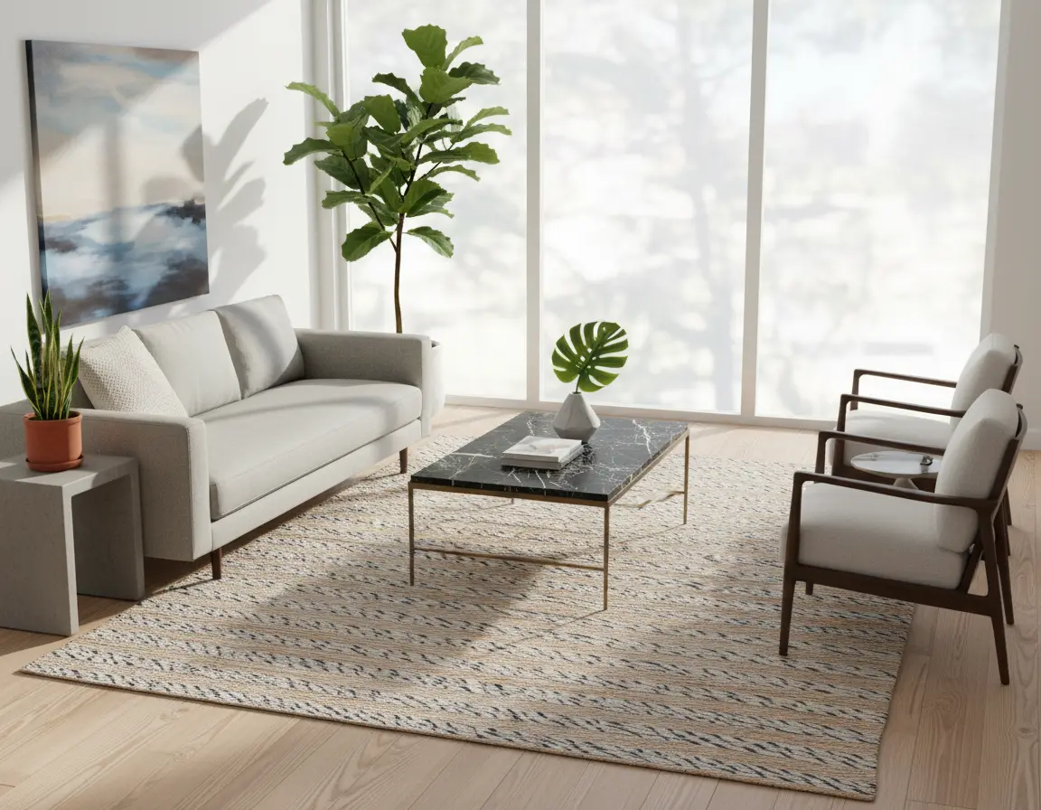 Tapete Texturizado Beige con Diseño a Rayas en Gris Oscuro Render