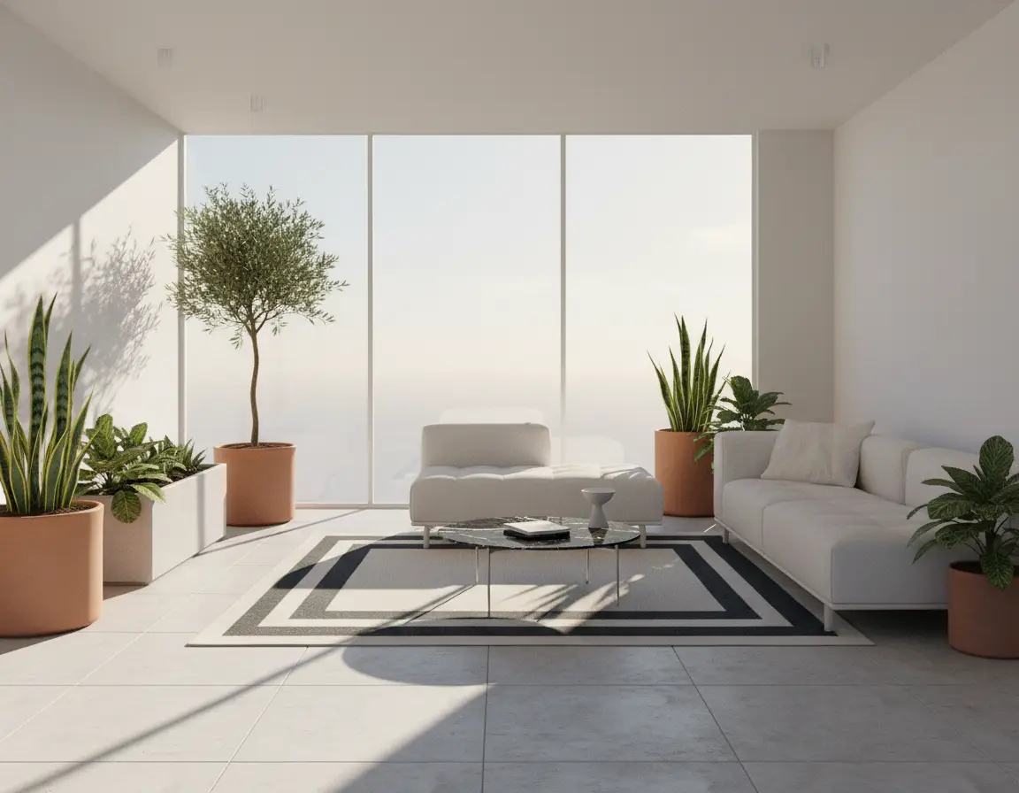 Tapete Moderno Neutro con Diseño de Bordes Geométricos en Gris Oscuro Render