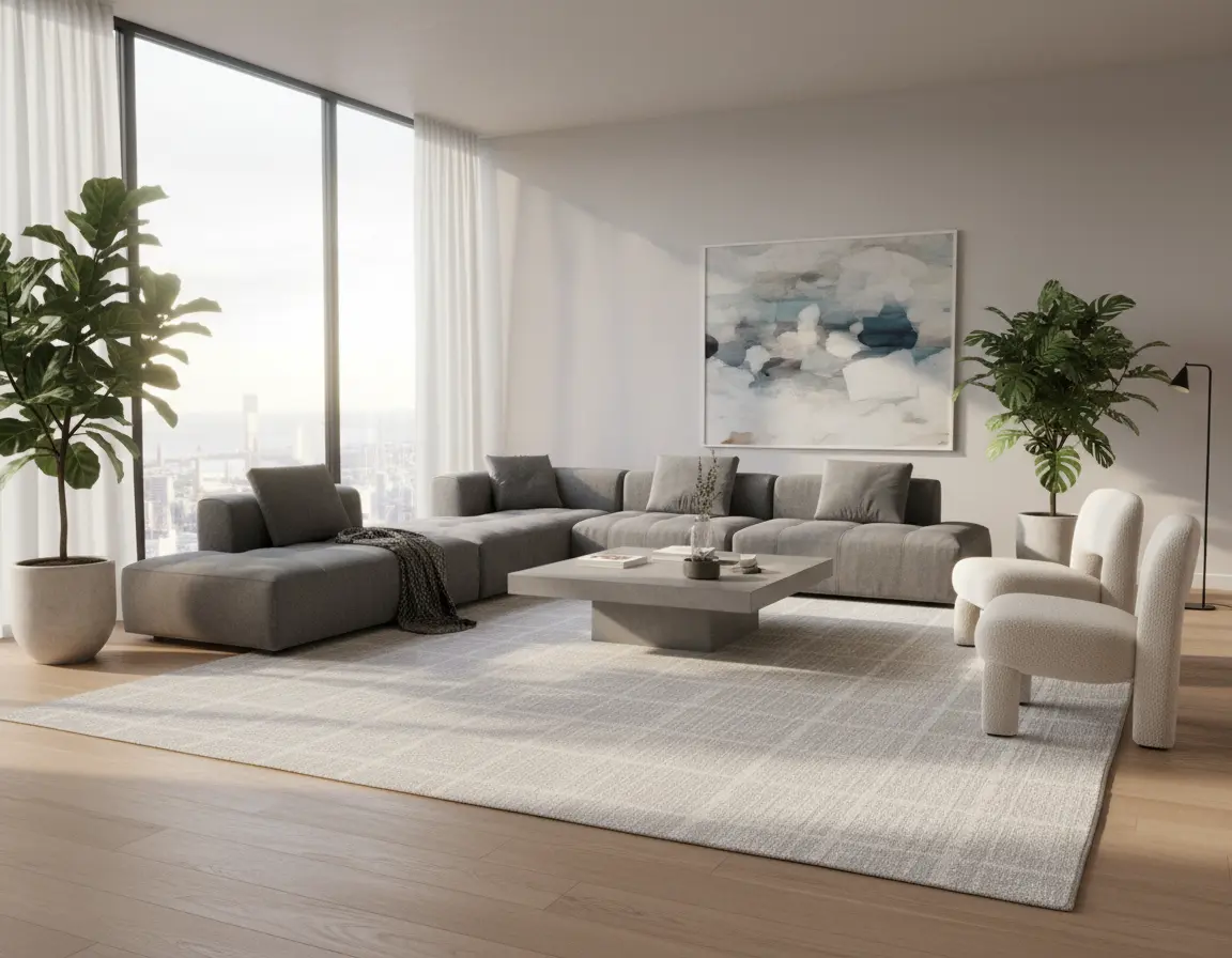 Tapete Moderno Neutro con Diseño Cuadriculado para un Ambiente Luminoso Render