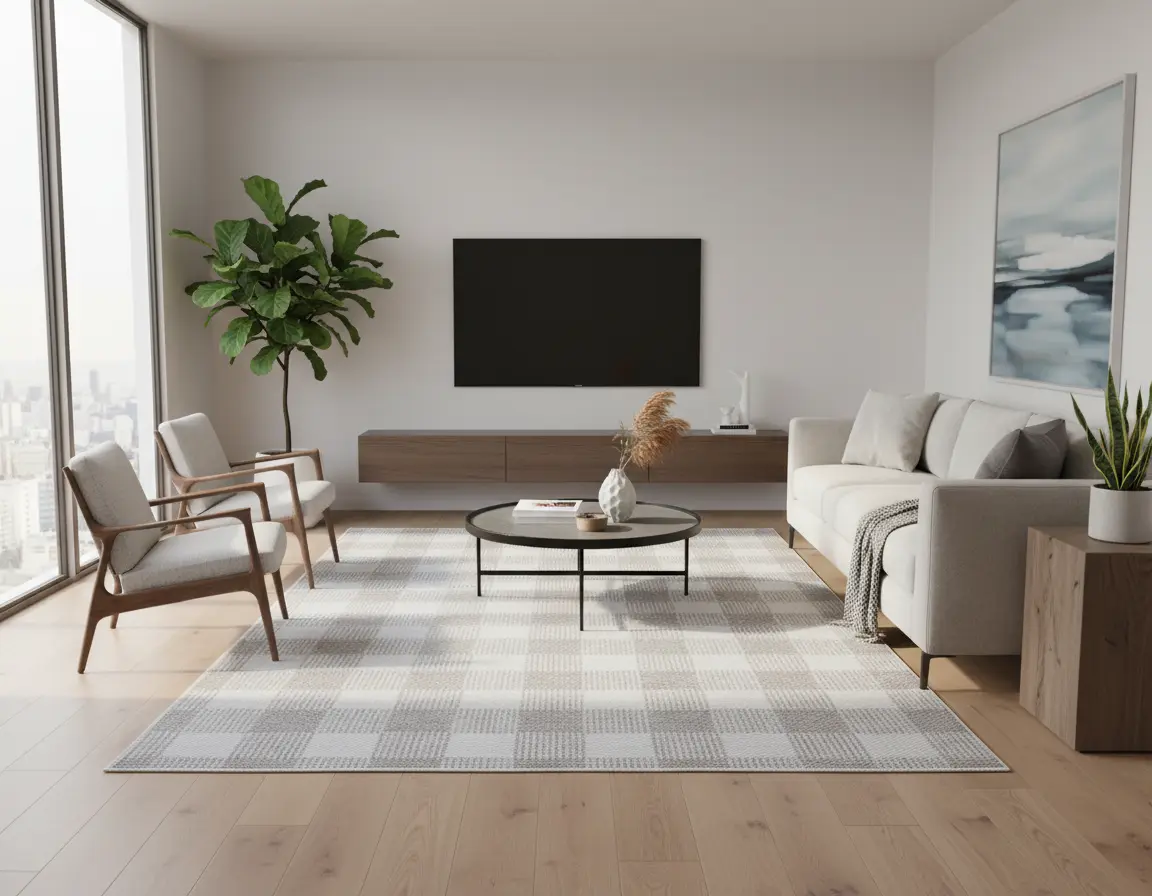 Tapete Moderno Neutro con Diseño a Cuadros Café Render