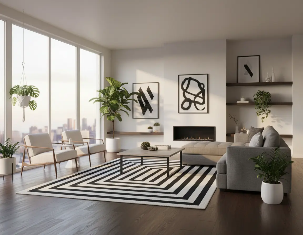 Tapete Moderno Beige con Diseño Geométrico en Gris Oscuro Render