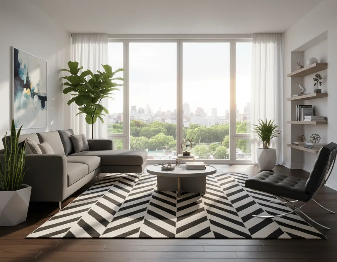 Tapete Moderno Beige con Diseño Chevron en Gris Oscuro para Sala Render