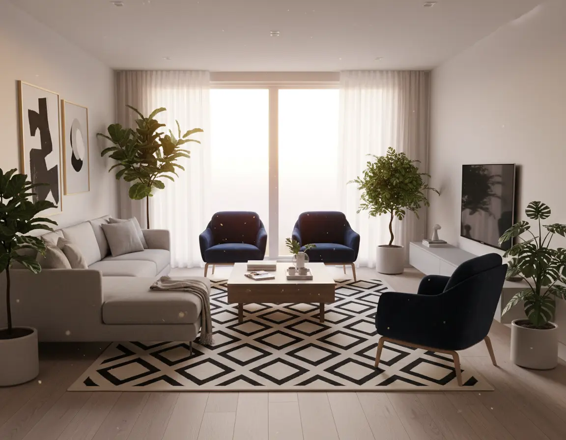 Tapete Moderno Beige con Diseño de Cuadrados en Gris Oscuro Render