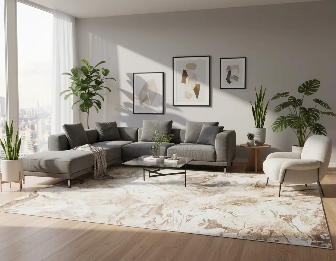 Tapete Moderno Neutro con Diseño Abstracto en Café Render