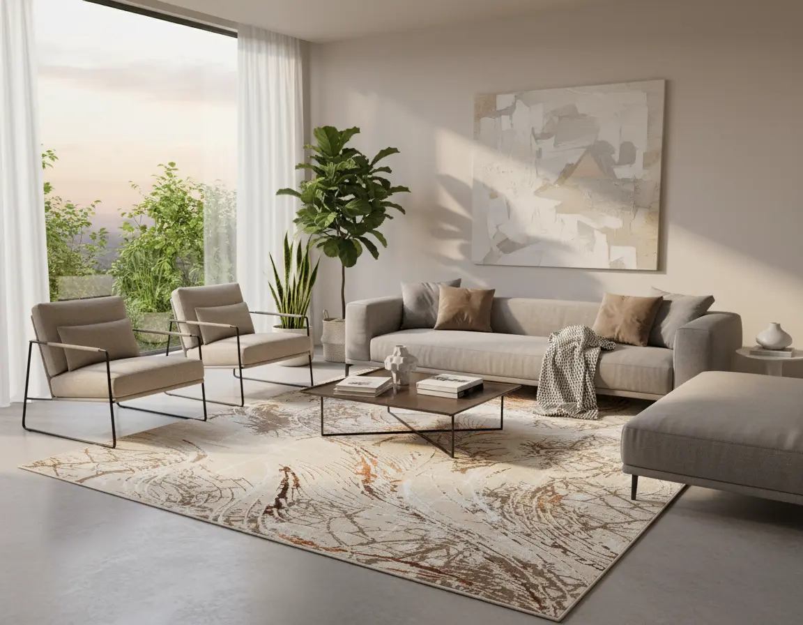 Tapete Moderno Beige con Diseño de Ramas en Café Render