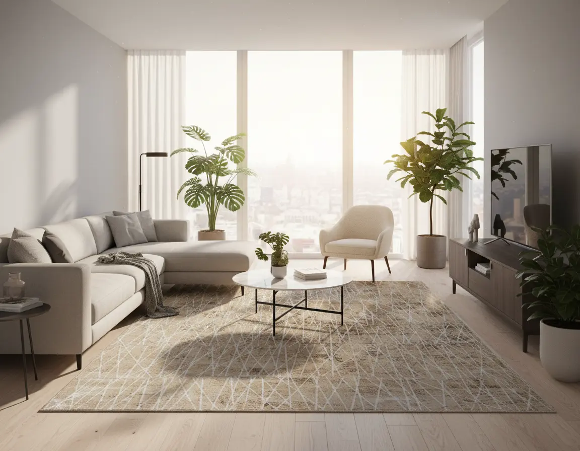 Tapete Moderno Neutro con Diseño Lineal en Blanco Render