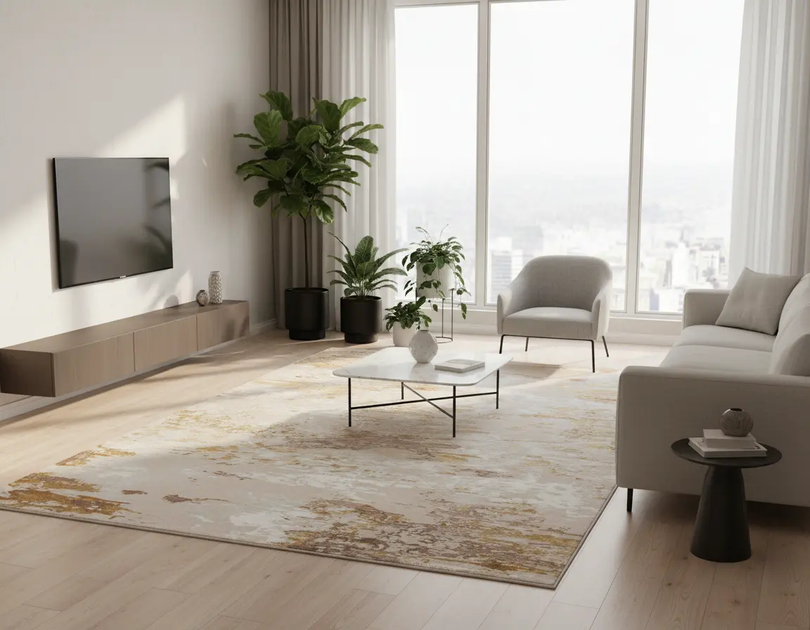 Tapete Moderno Neutro con Diseño Abstracto en Dorado Render