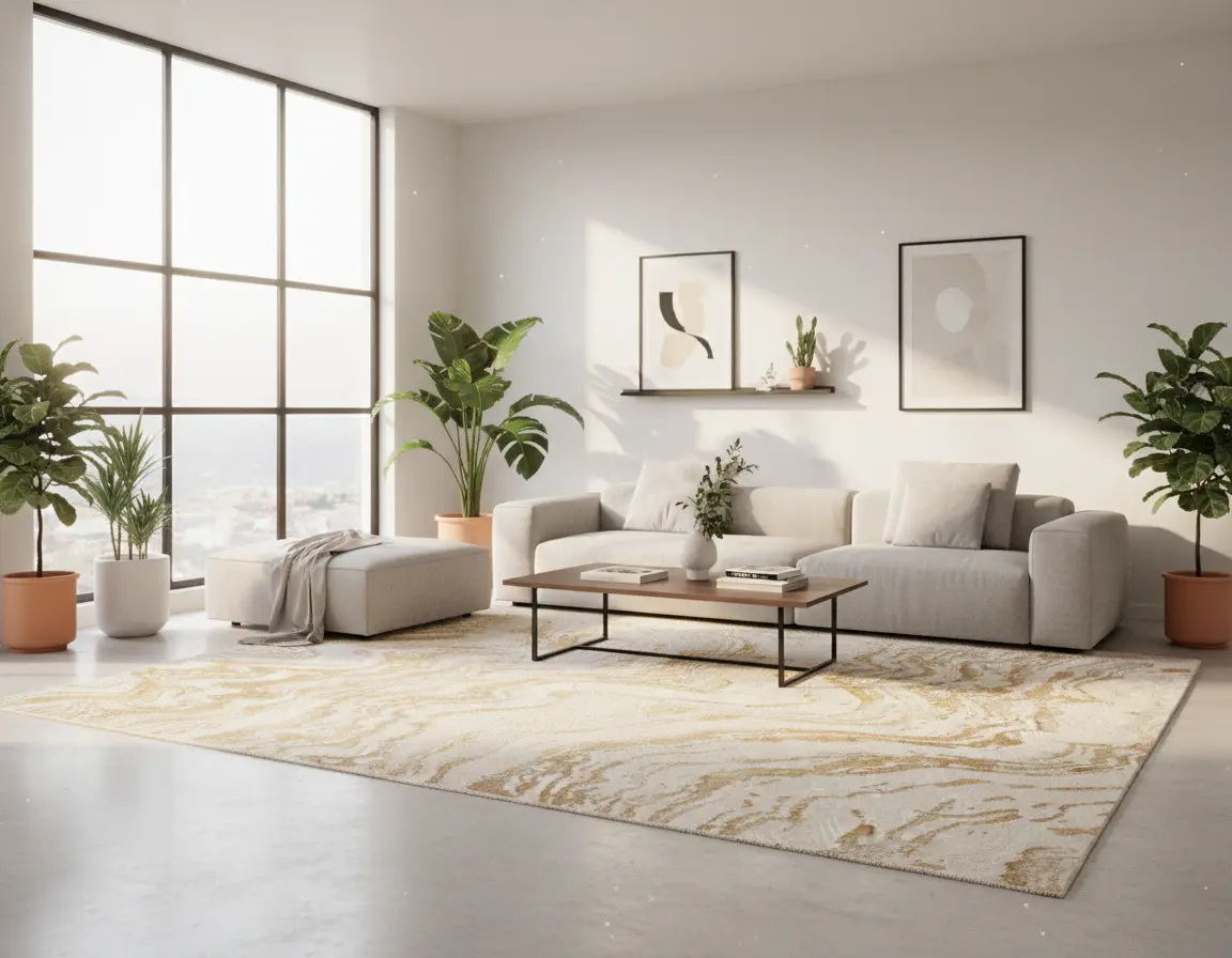 Tapete Moderno Neutro con Diseño de Vetas en Dorado Render