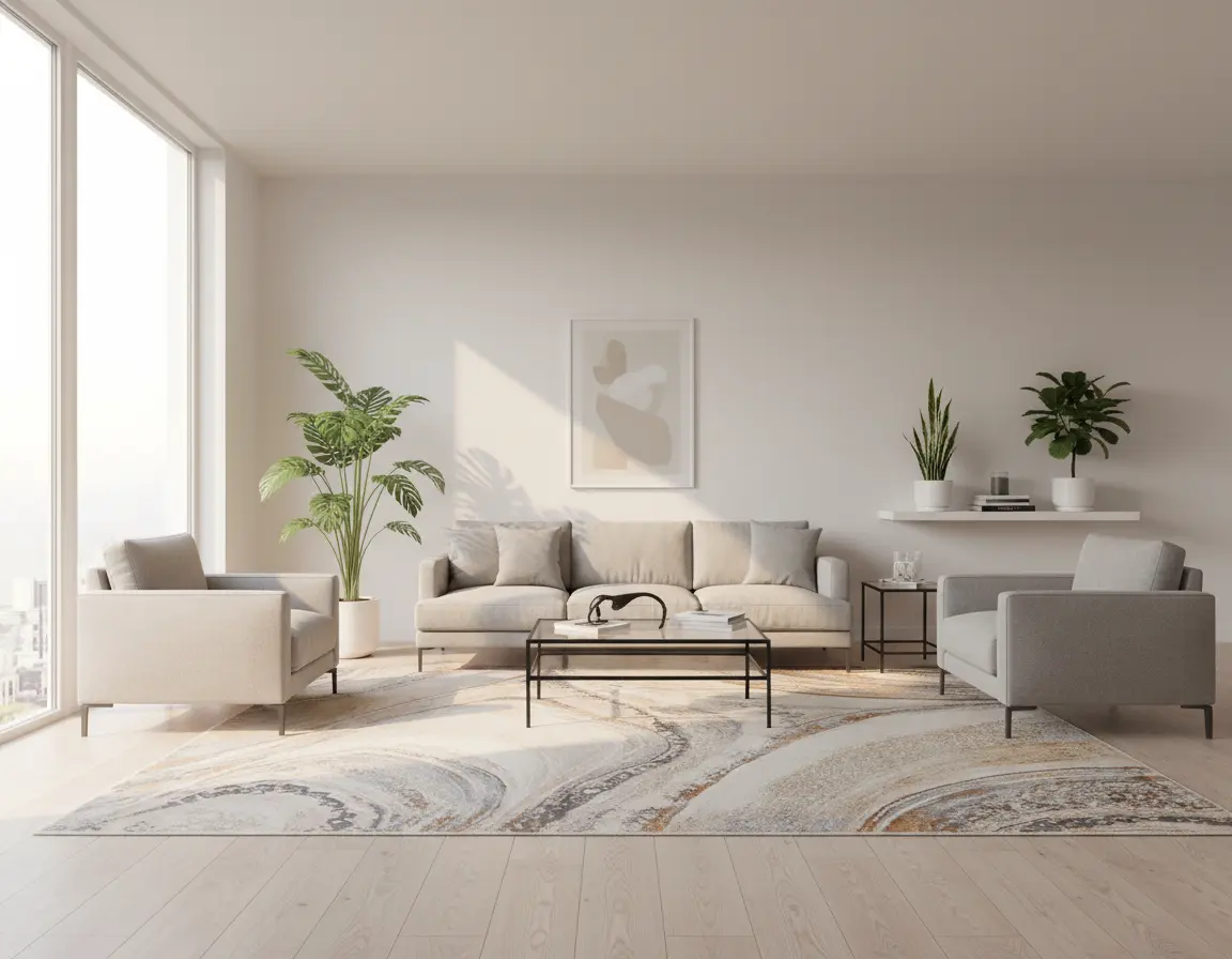 Tapete Moderno Neutro con Diseño de Remolinos en Café y Gris Oscuro Render