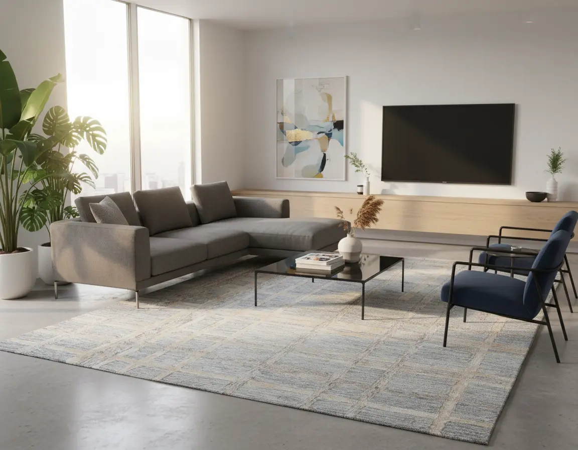 Tapete Moderno Gris con Diseño a Cuadros en Beige Render