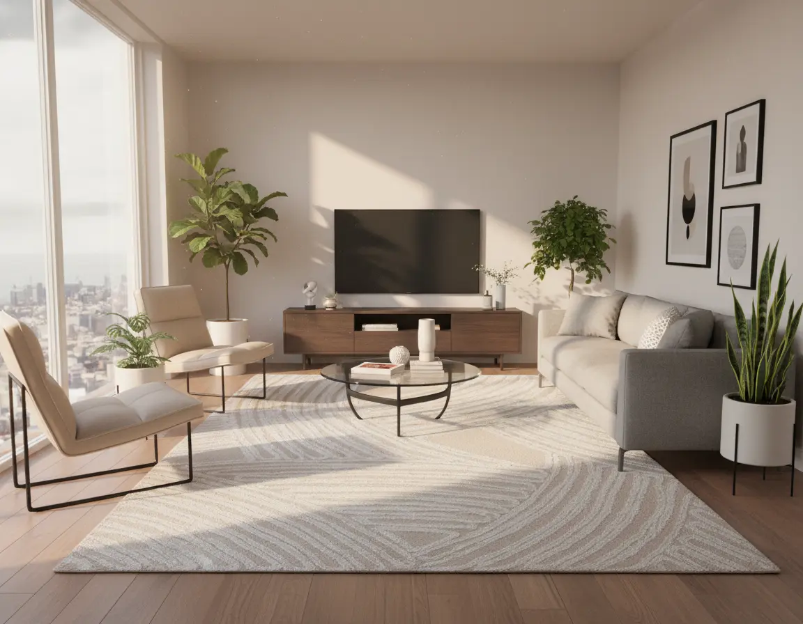 Tapete Abstracto Neutro con Diseño Curvilíneo para Sala Render