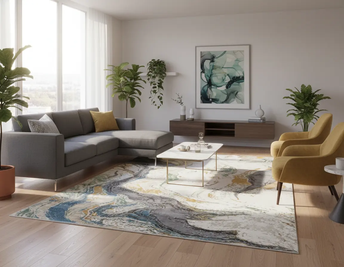 Tapete Moderno Neutro con Diseño Abstracto en Gris Oscuro y Dorado Render