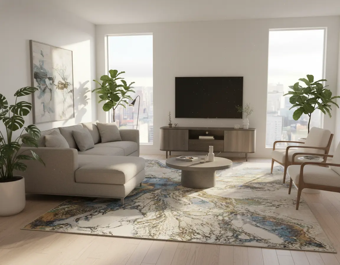 Tapete Moderno Neutro con Diseño Abstracto en Azul y Dorado Render