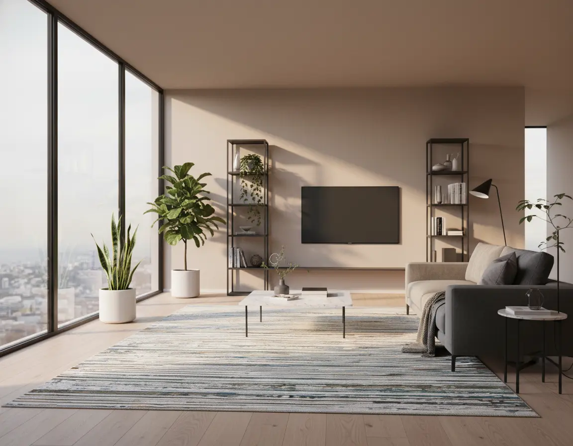 Tapete Moderno Neutro con Diseño de Líneas en Azul y Cafe Render